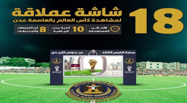 الانتقالي يعلن عن توفير 18 شاشة عرض عملاقة في عدن لمشاهدة كأس العالم