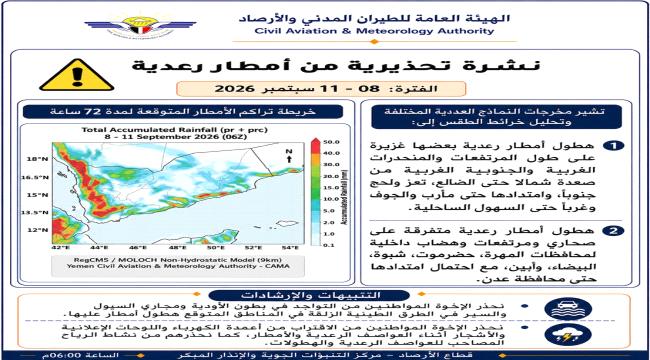 اليمن: مركز الأرصاد الجوية يحذر من أمطار رعدية غزيرة